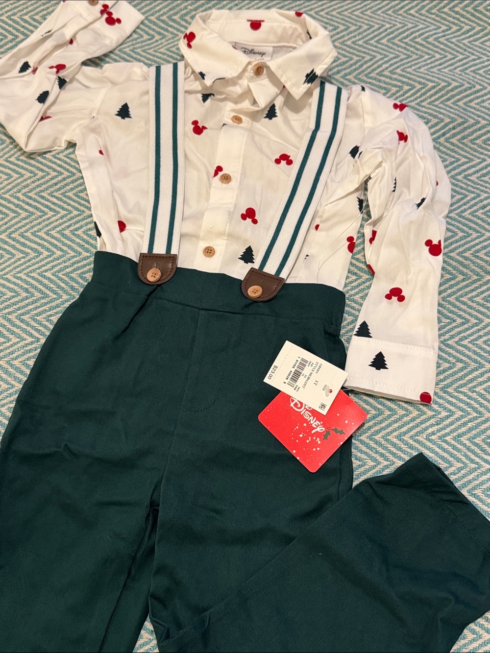 Disney White Button-Down Shirt with Red Mickey Print and Dark Green Pants